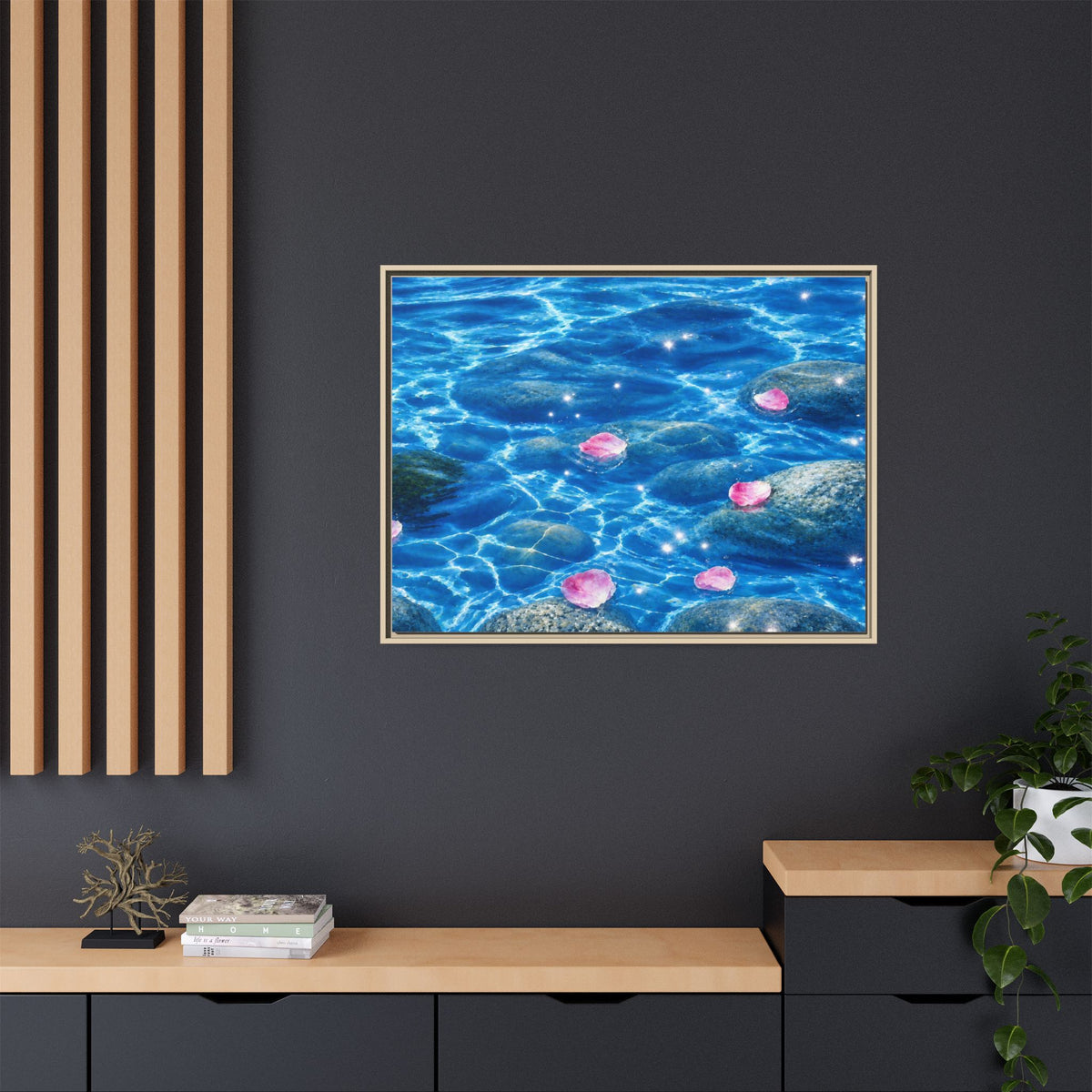 Framed Matte Canvas - Tranquil Blue Water with Floating Pink Petals