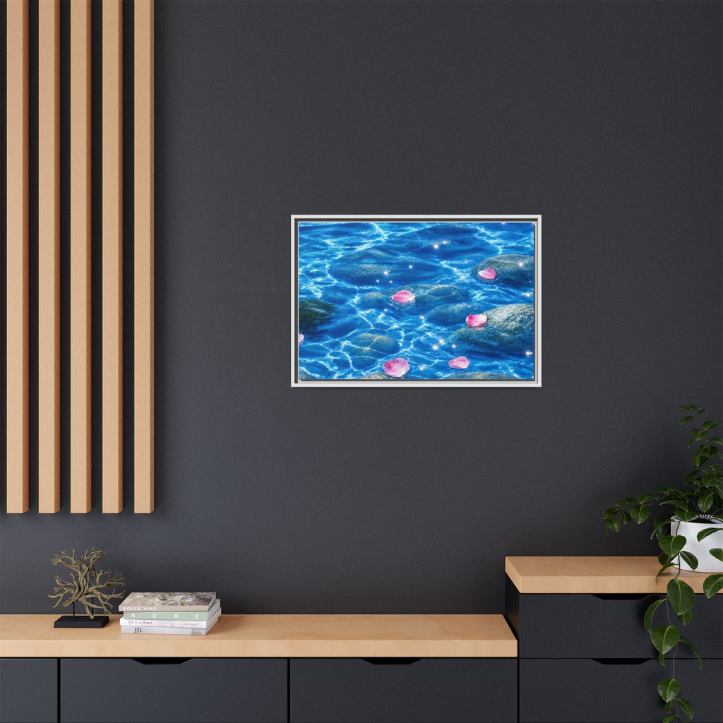 Framed Matte Canvas - Tranquil Blue Water with Floating Pink Petals