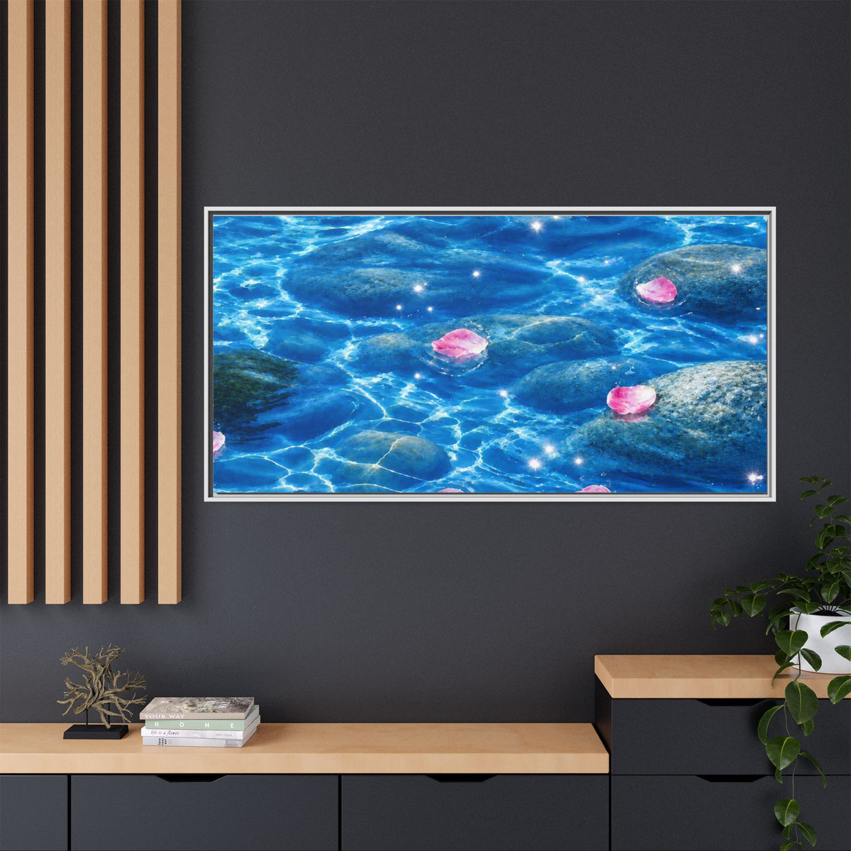 Framed Matte Canvas - Tranquil Blue Water with Floating Pink Petals