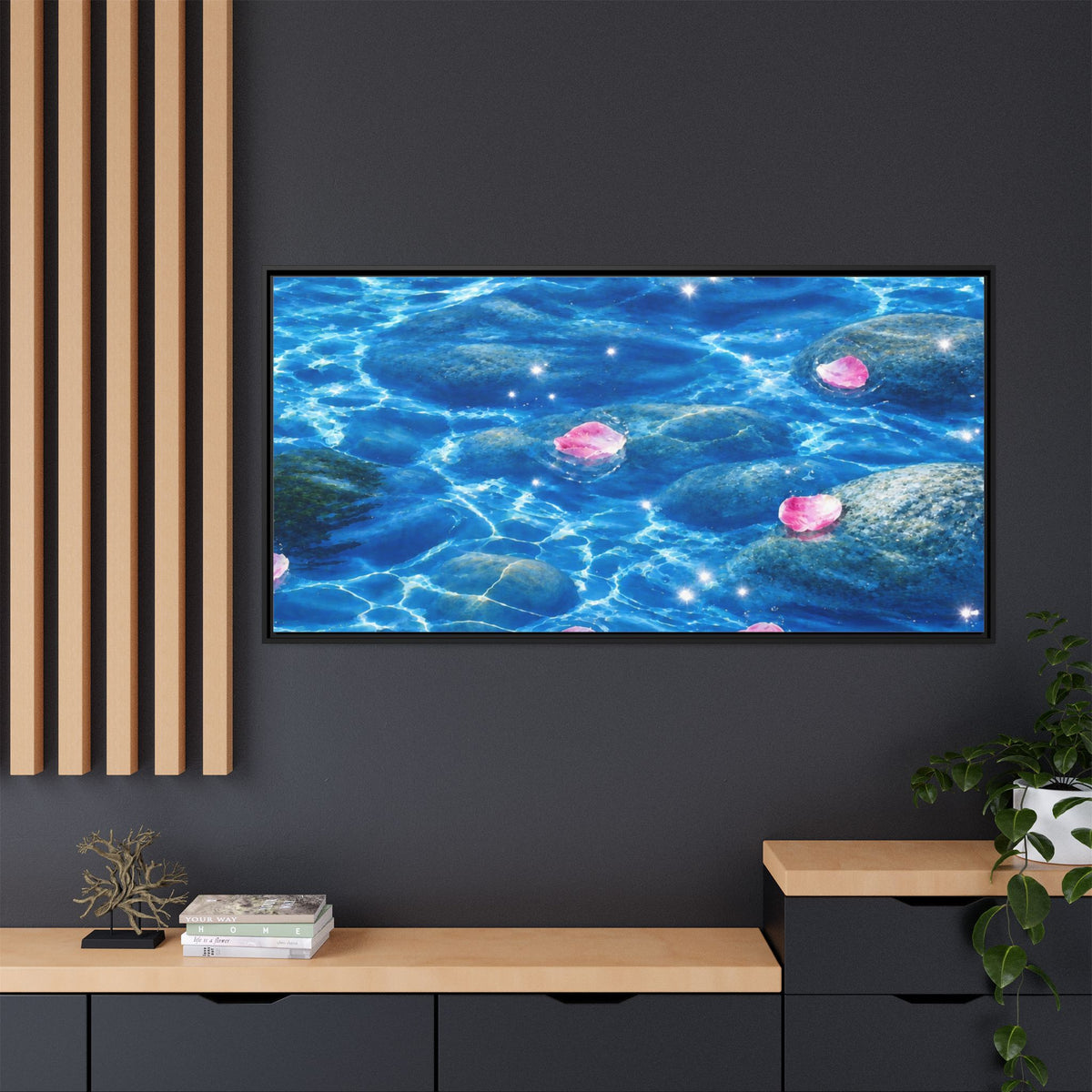 Framed Matte Canvas - Tranquil Blue Water with Floating Pink Petals
