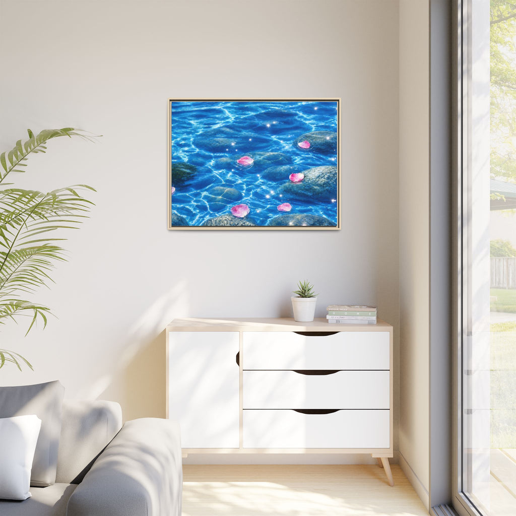 Framed Matte Canvas - Tranquil Blue Water with Floating Pink Petals