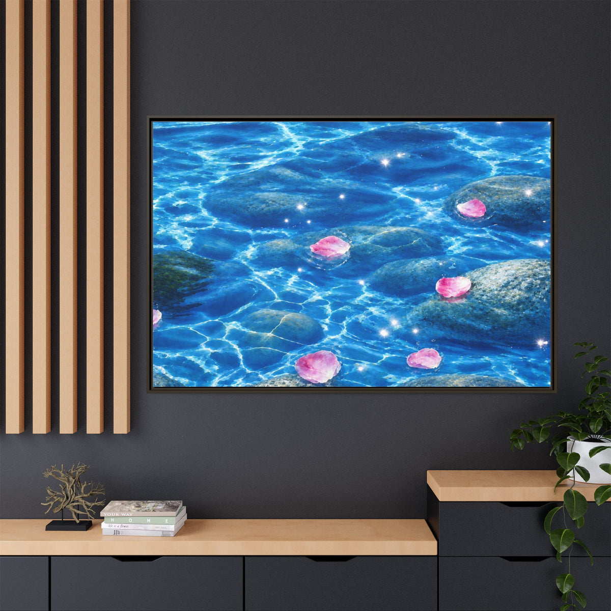 Framed Matte Canvas - Tranquil Blue Water with Floating Pink Petals