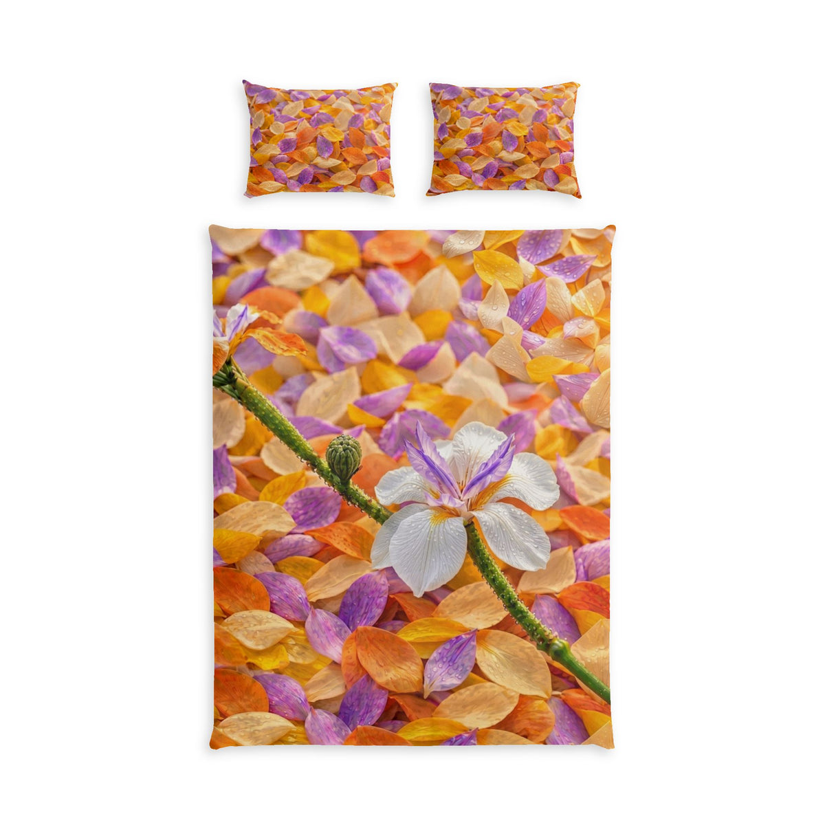 Floral Petal Cotton Bed Set — Orange & Lavender Botanical Duvet Cover