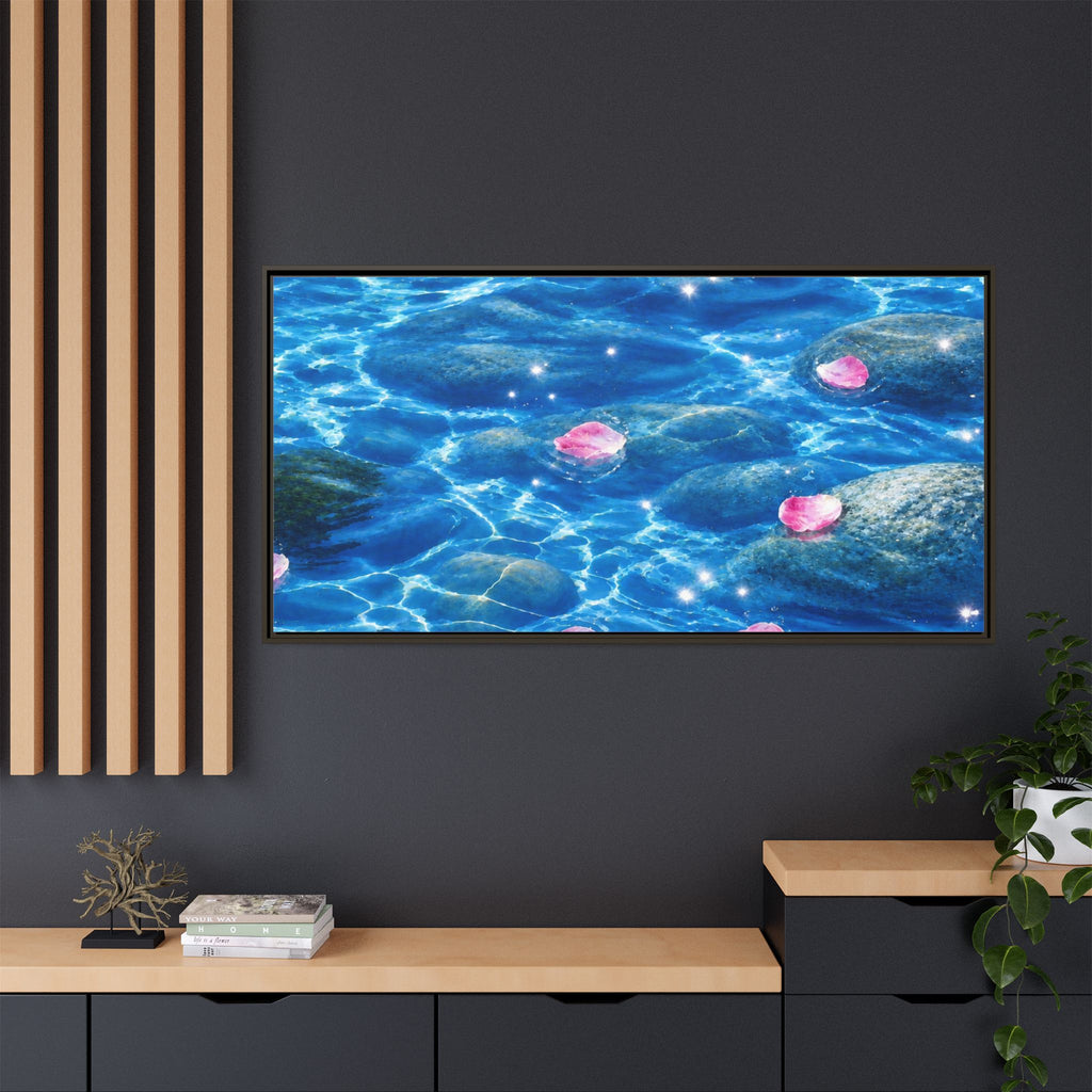 Framed Matte Canvas - Tranquil Blue Water with Floating Pink Petals