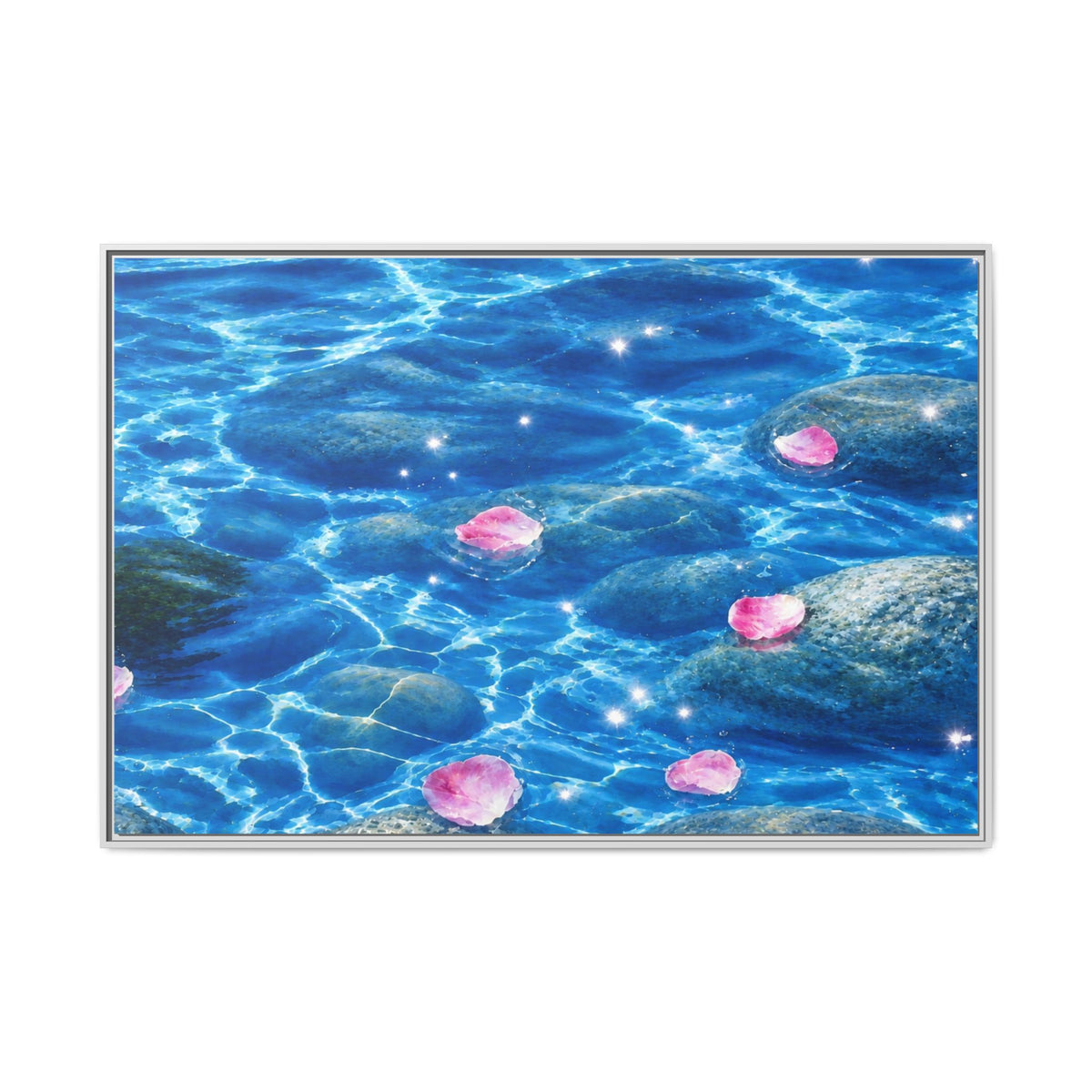 Framed Matte Canvas - Tranquil Blue Water with Floating Pink Petals
