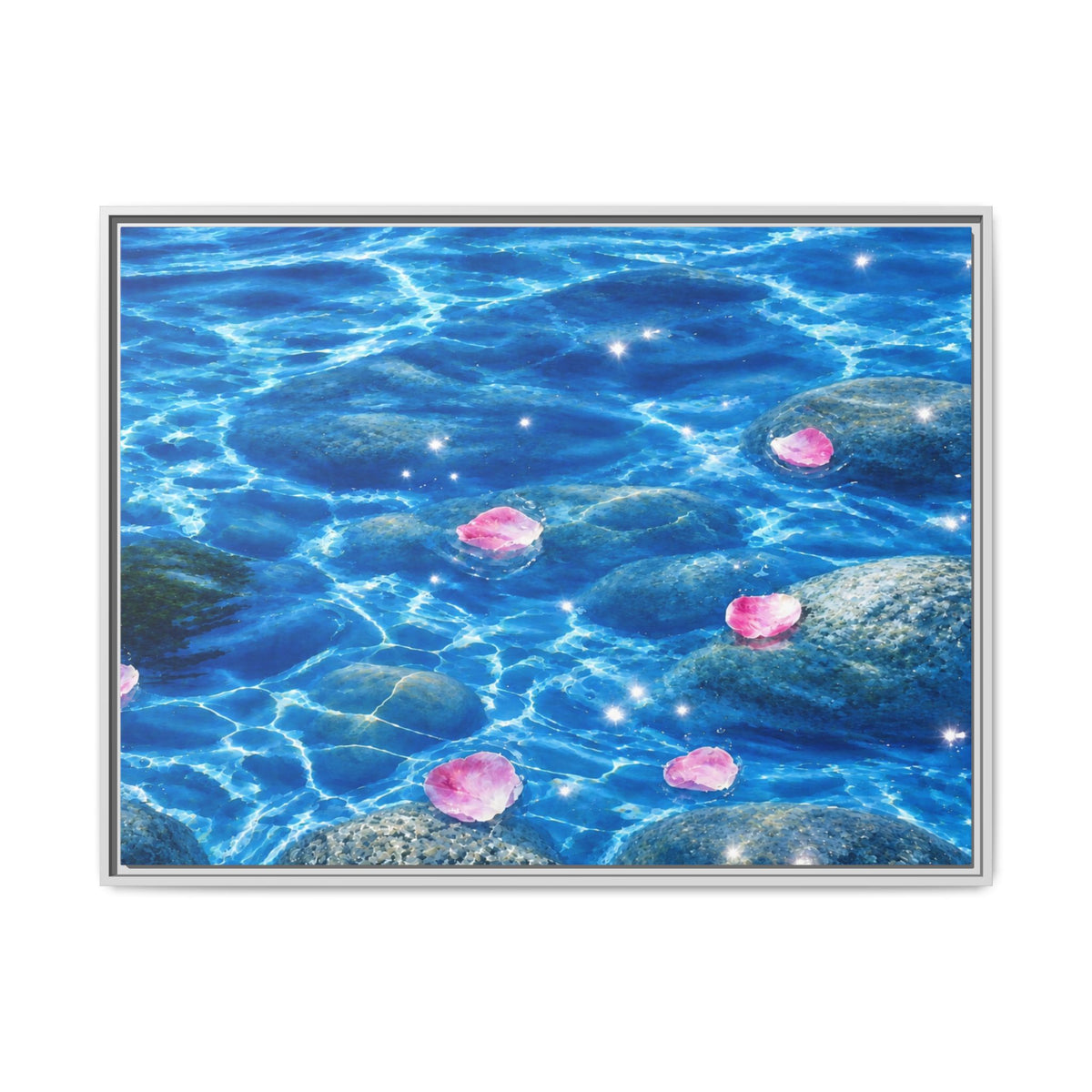 Framed Matte Canvas - Tranquil Blue Water with Floating Pink Petals