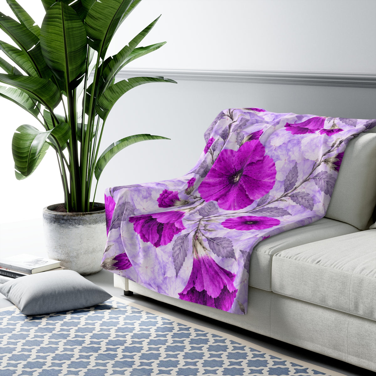 Floral Sherpa Blanket — Purple Hollyhock Fleece Throw filled with warmth and softness.