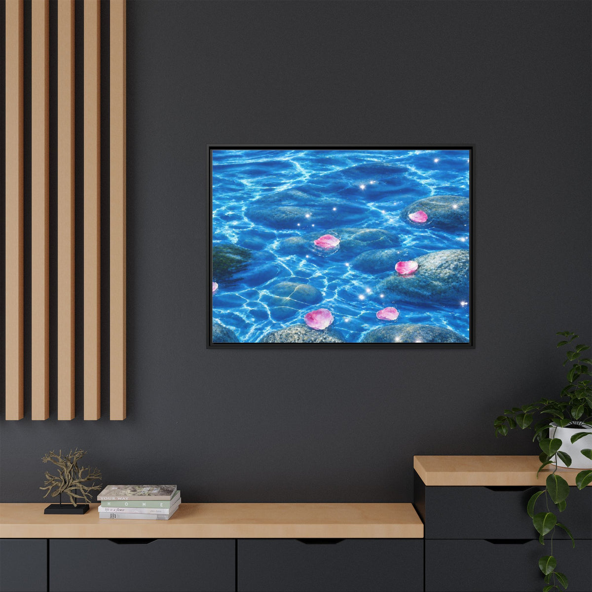 Framed Matte Canvas - Tranquil Blue Water with Floating Pink Petals