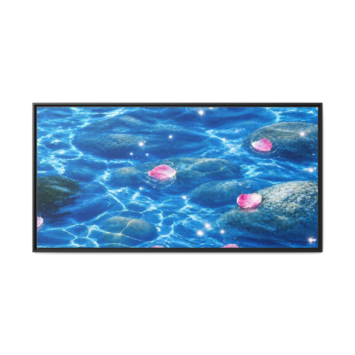 Framed Matte Canvas - Tranquil Blue Water with Floating Pink Petals