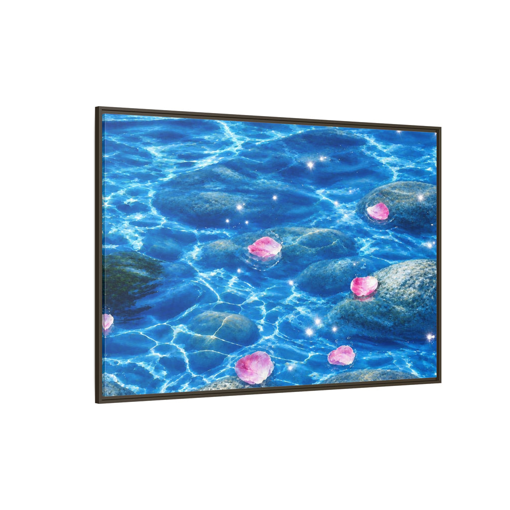 Framed Matte Canvas - Tranquil Blue Water with Floating Pink Petals