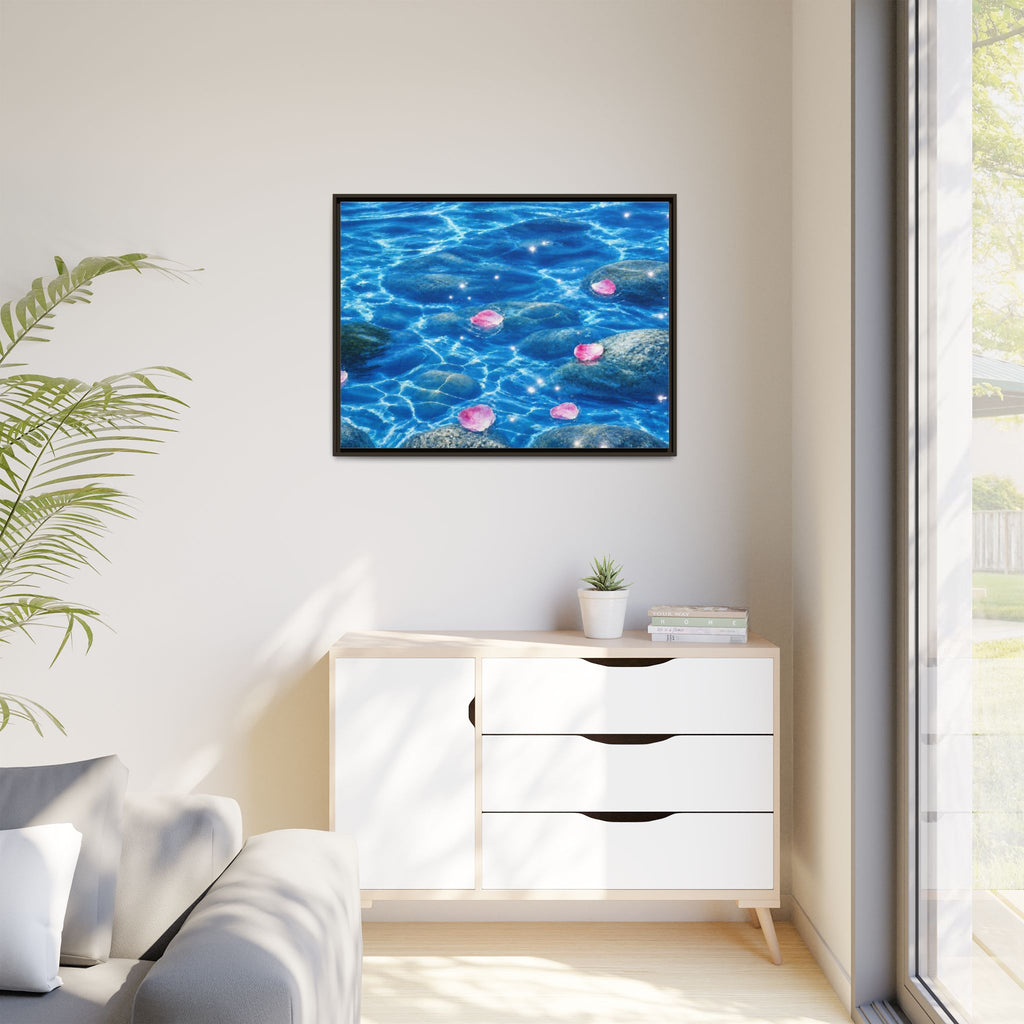 Framed Matte Canvas - Tranquil Blue Water with Floating Pink Petals
