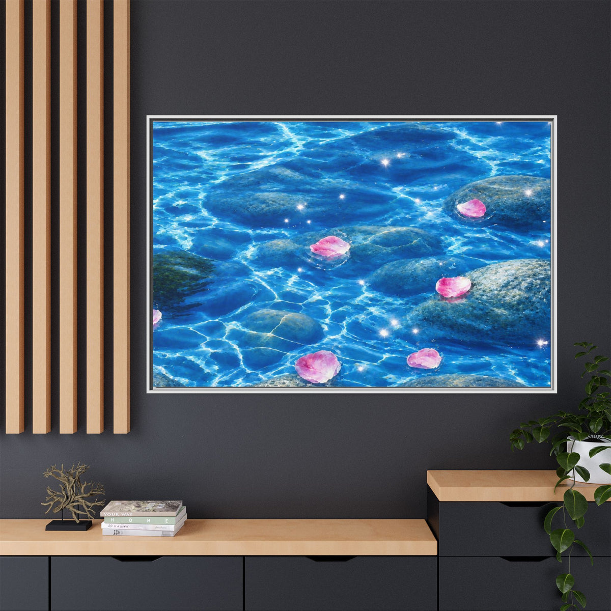 Framed Matte Canvas - Tranquil Blue Water with Floating Pink Petals