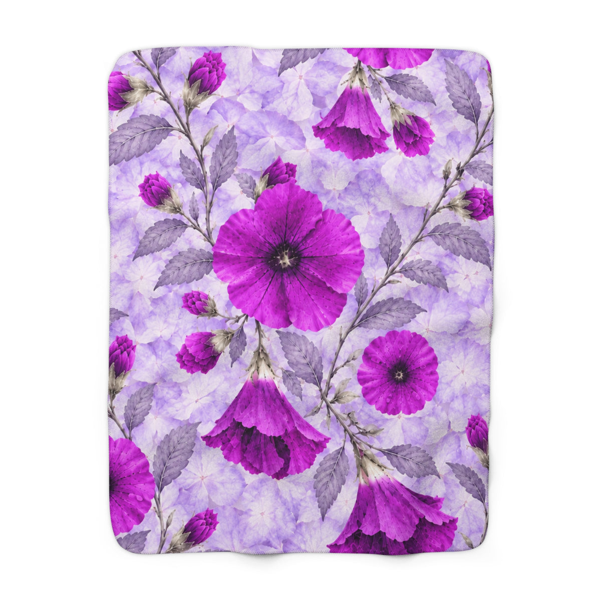 Floral Sherpa Blanket — Purple Hollyhock Fleece Throw filled with warmth and softness.
