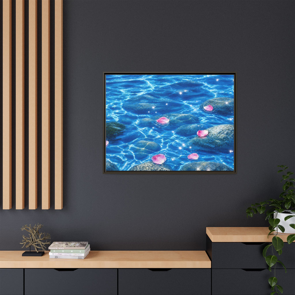 Framed Matte Canvas - Tranquil Blue Water with Floating Pink Petals