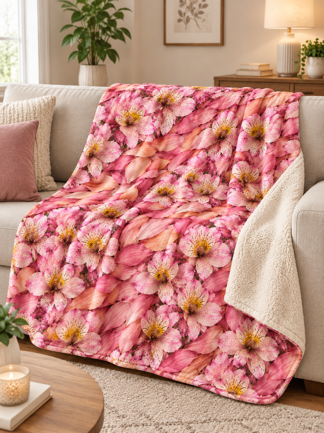 Sherpa Blanket — Pink Floral Knit Pattern Cozy Throw
